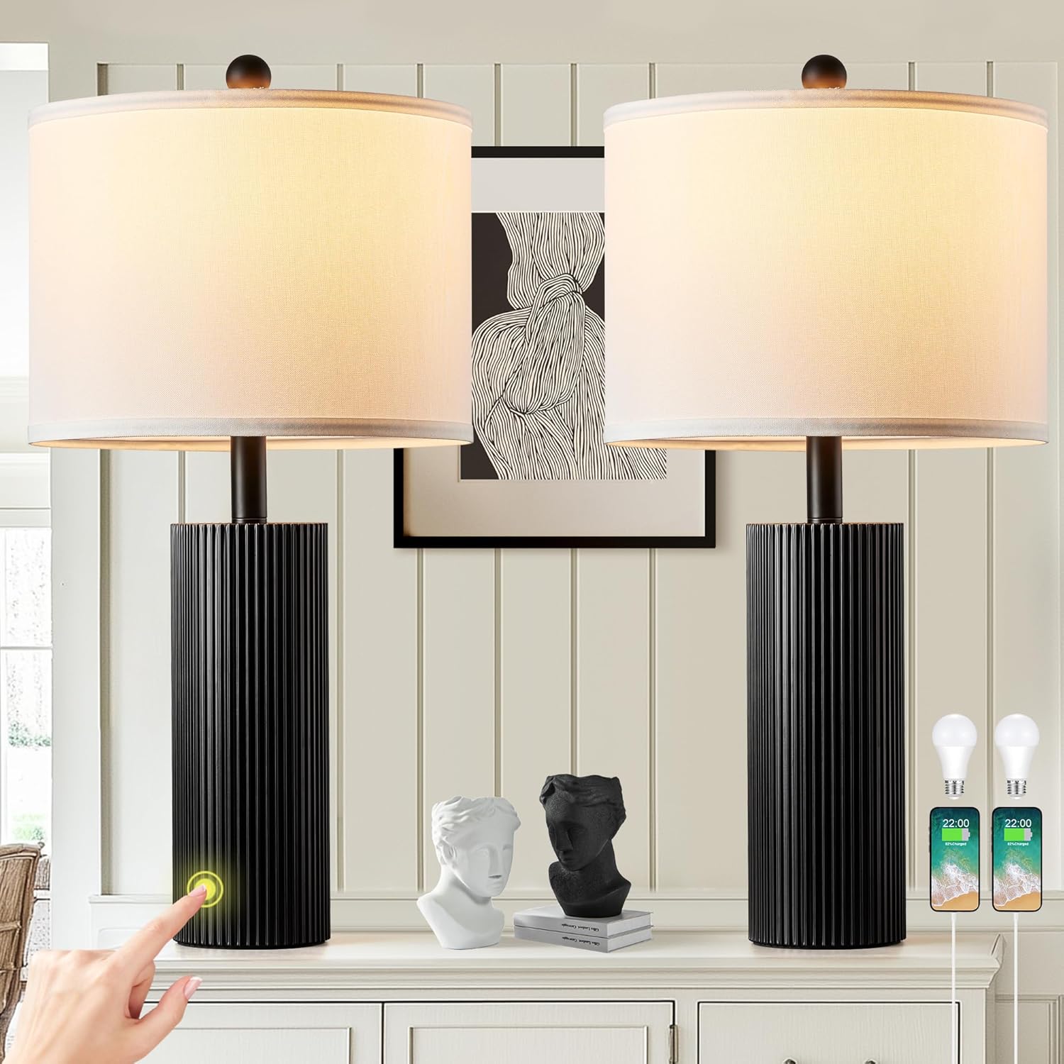 Modern 24.5 in Black Table Lamps Set of 2 with USB Ports
