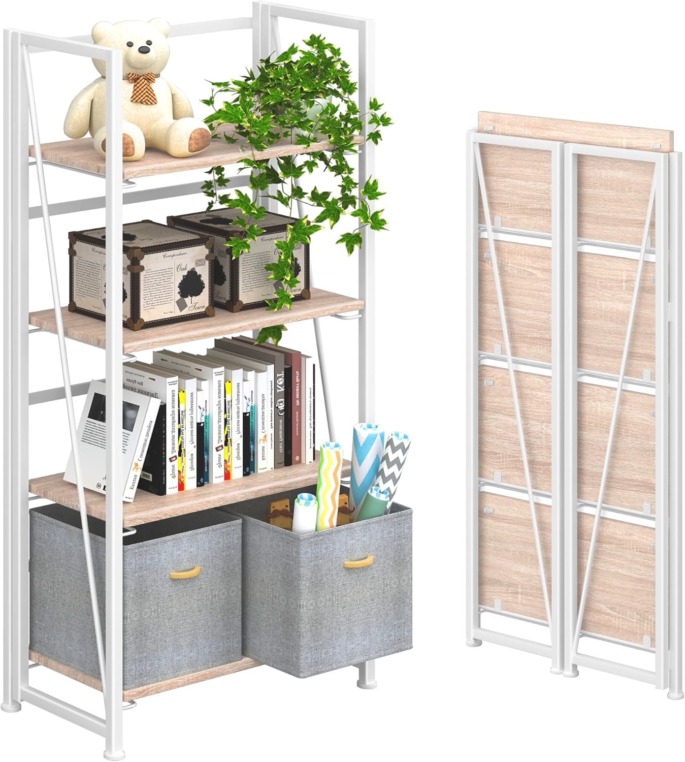 4NM No Assembly Folding Bookshelf for Home Office Storage