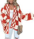 Casual Cardigan Sweater for Women - Chunky Checkered Open Front BTFBM