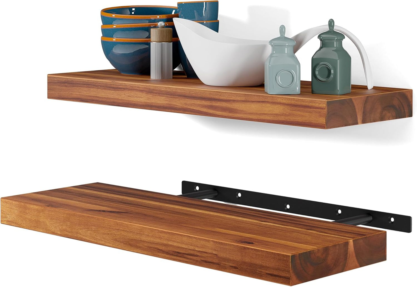 Floating Acacia Wood Shelves Set of 2 for Rustic Home Decor