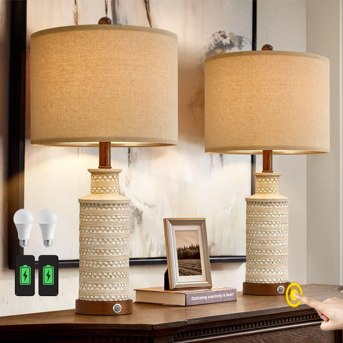 3-Way Dimmable Touch Control Table Lamp Set with USB Ports
