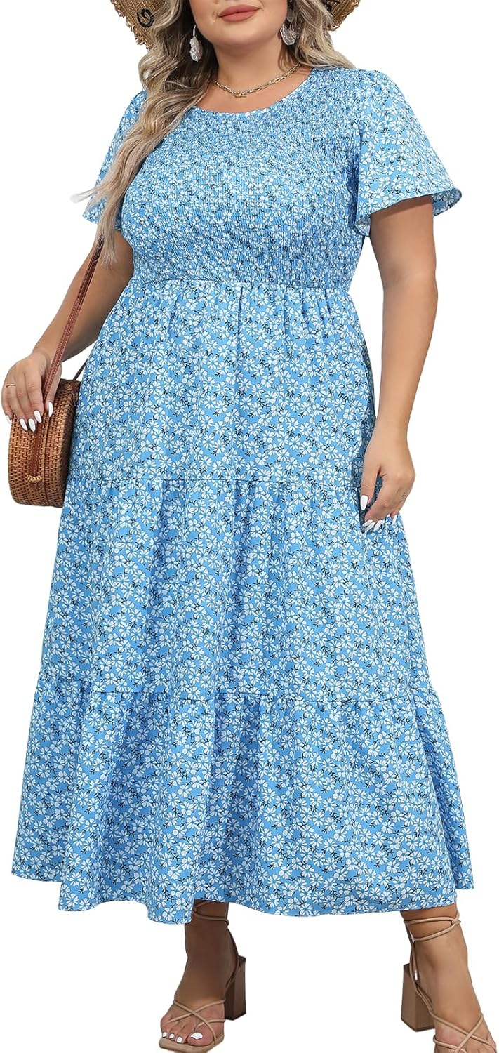Womens Plus Size Long Maxi Dress with Pockets and Flutter Sleeves