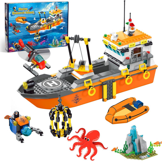 City Ocean Explorer Ship Building Set with LED Lights for Kids