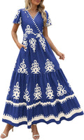 Womens Boho V Neck Maxi Dress with Pockets - Flowy Tiered Floral