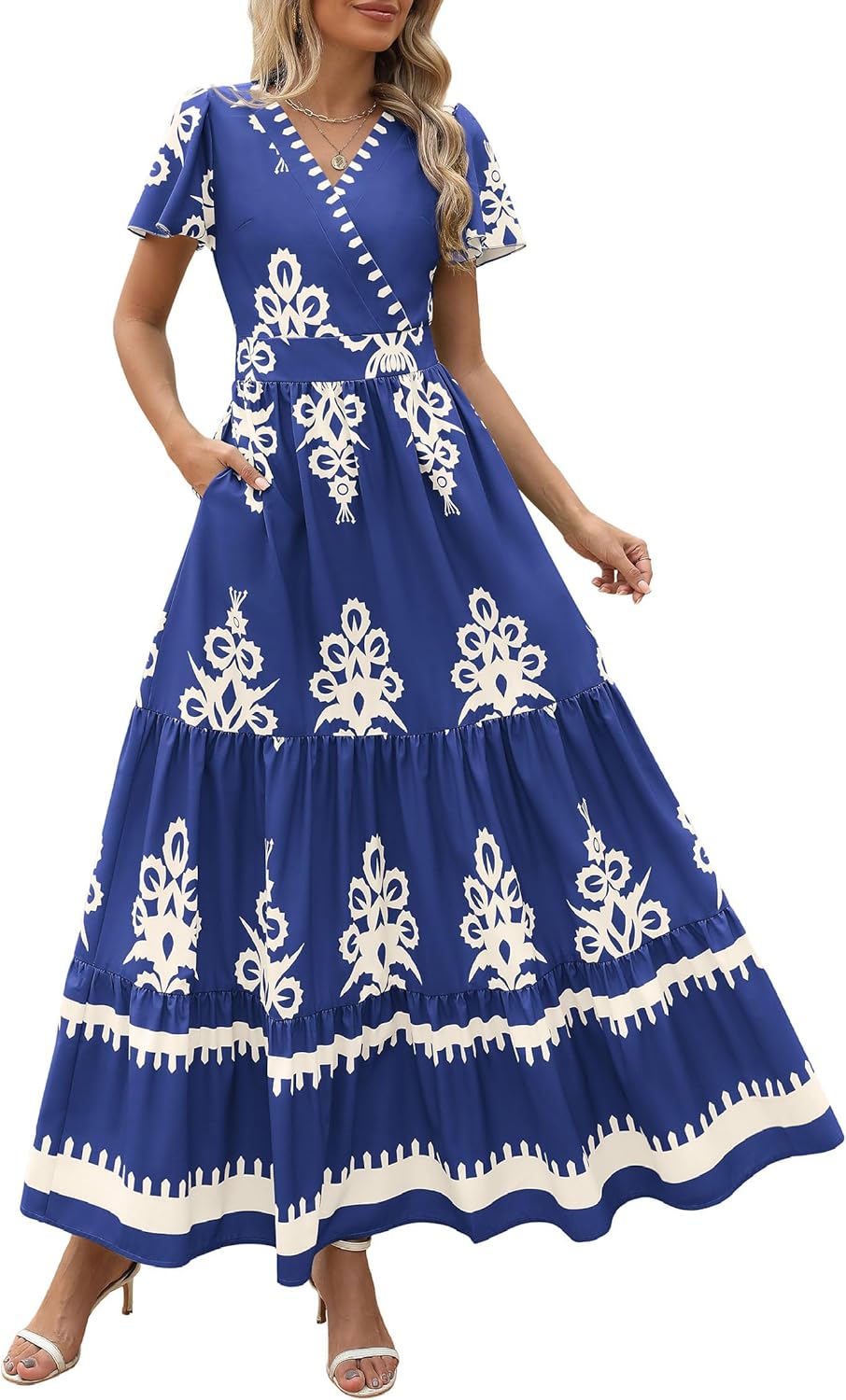 PRETTYGARDEN Womens V Neck Boho Maxi Dress with Pockets