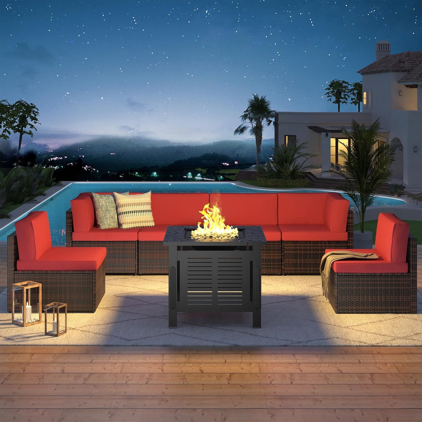 U-MAX 7 Piece Outdoor Patio Furniture Set with Fire Pit Table