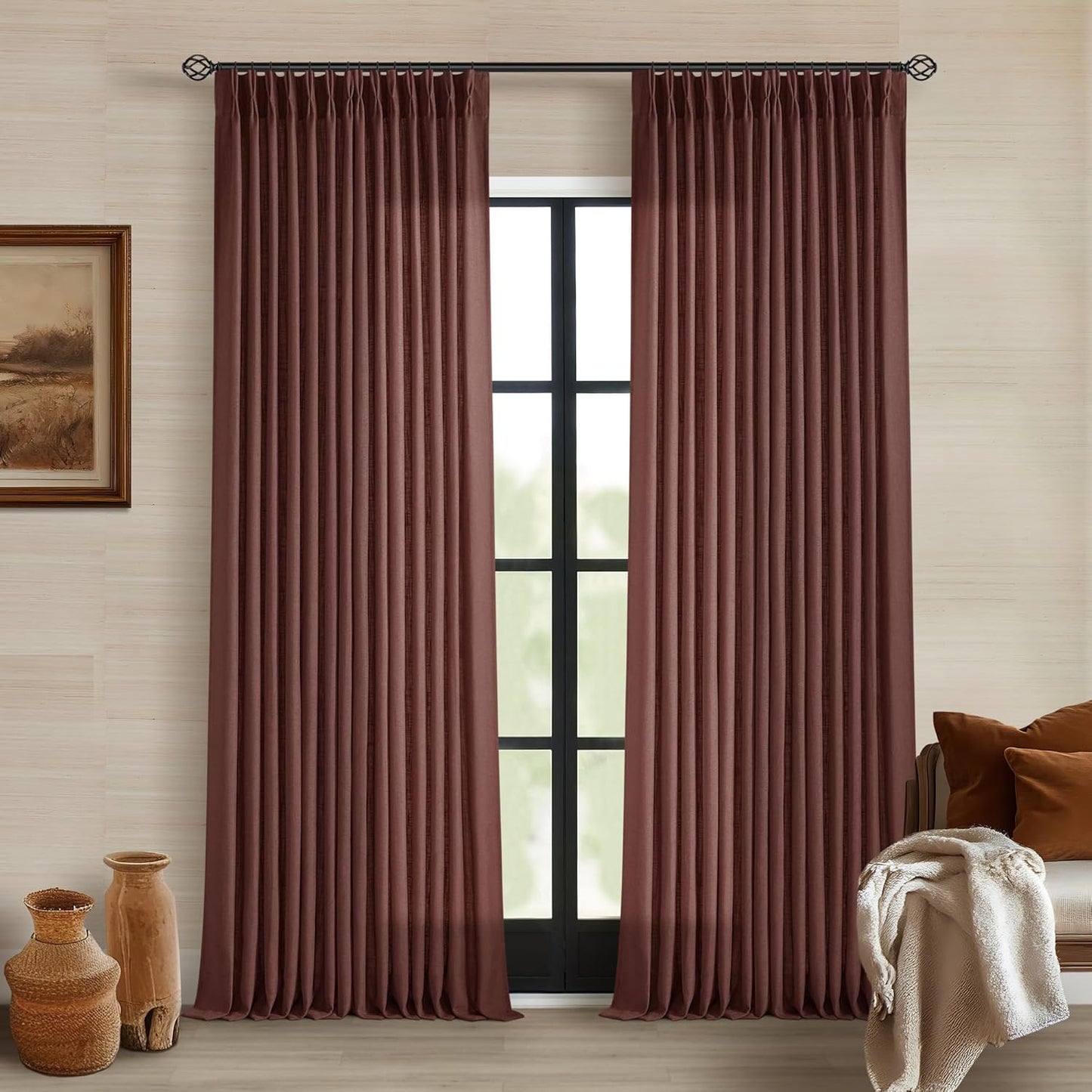 Brick Brown Pinch Pleated Linen Curtains for Elegant Living Spaces