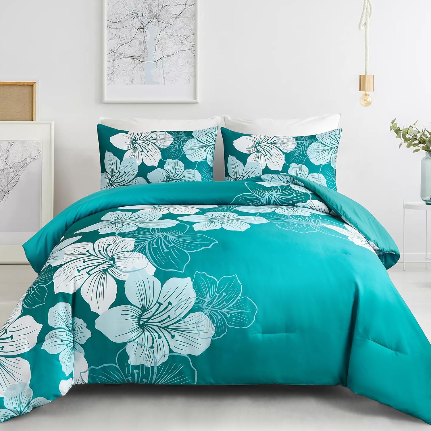Menghomeus King Comforter Set Gradient Teal Floral Bedding