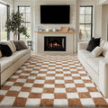 Checkered Rug 8x10 for Living Room, Beige and White Modern Shag