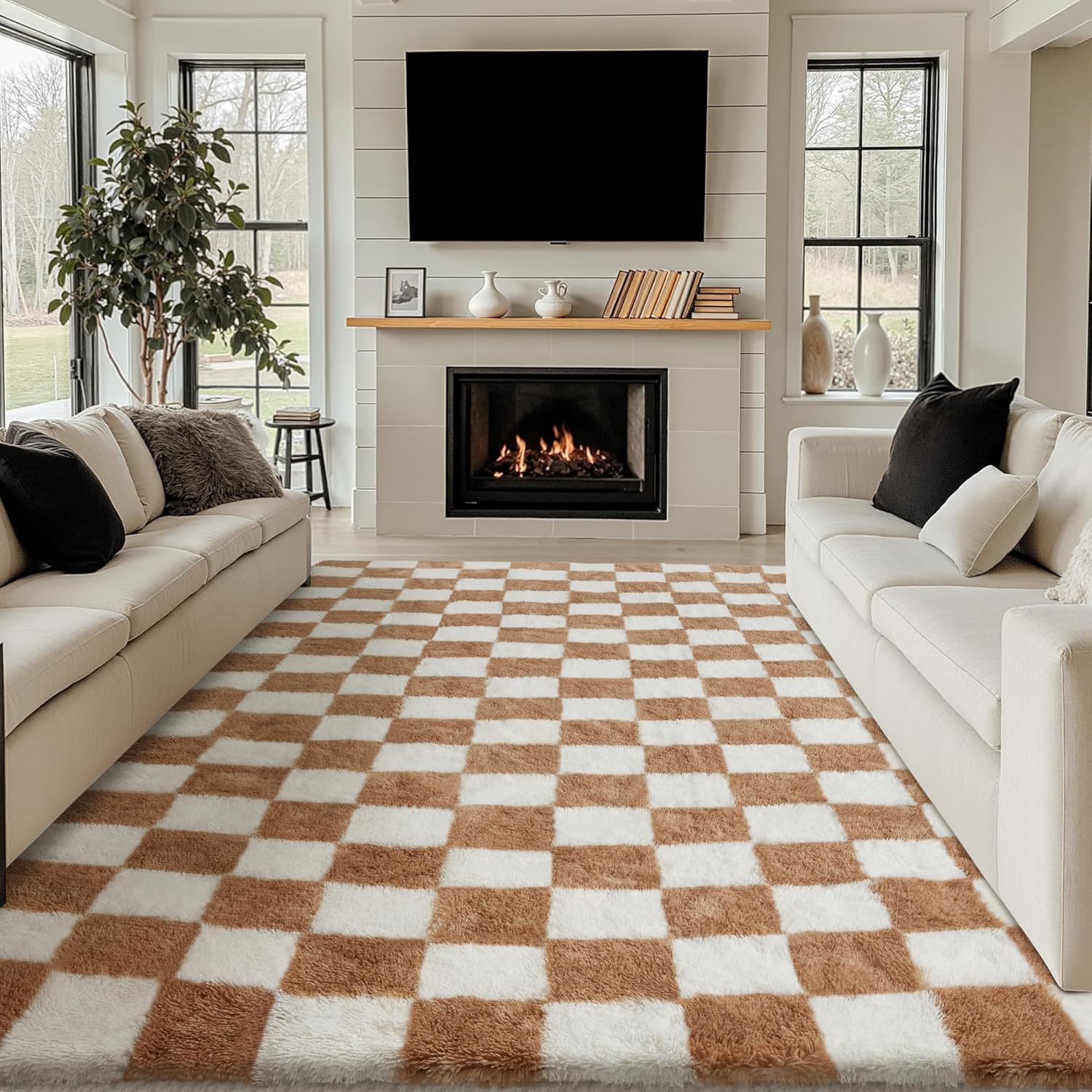 Checkered Rug 8x10 for Living Room, Beige and White Modern Shag