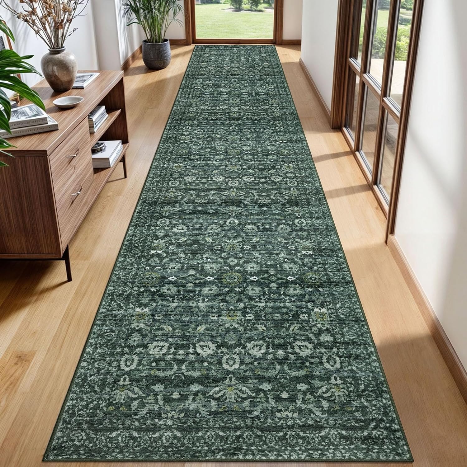 Runner Rug 2.6x12 Dark Green Washable Non-Slip Soft Carpet
