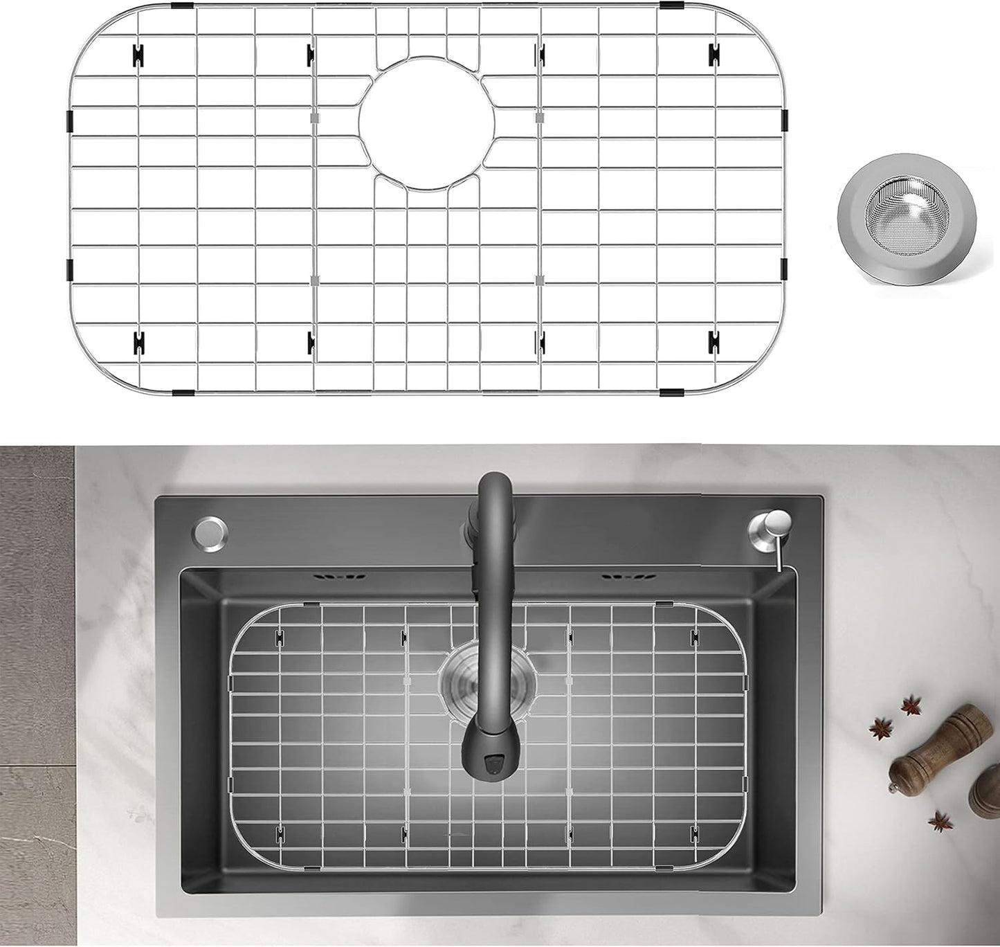 Stainless Steel Sink Protector 26x14 with Rear Drain for Kitchen