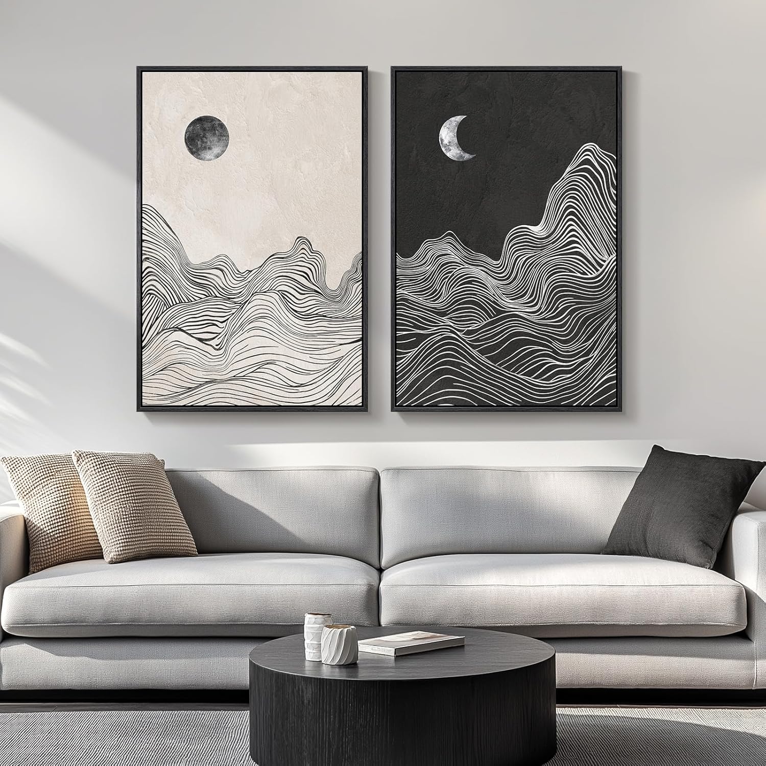Large Framed Black and White Abstract Wall Art Set of 2