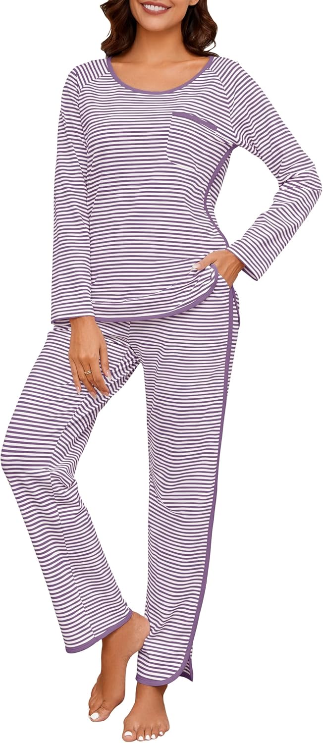 Womens Cotton Pajama Sets Stripe 2 Piece Lounge Set for Comfort