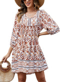 Qearal Womens Casual V Neck 3/4 Sleeve Boho Floral Mini (Style 9B9D)