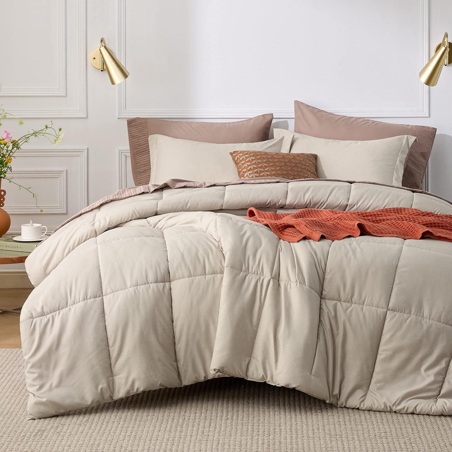 Beige Queen Comforter Set with Basket Weave Design for Elegance
