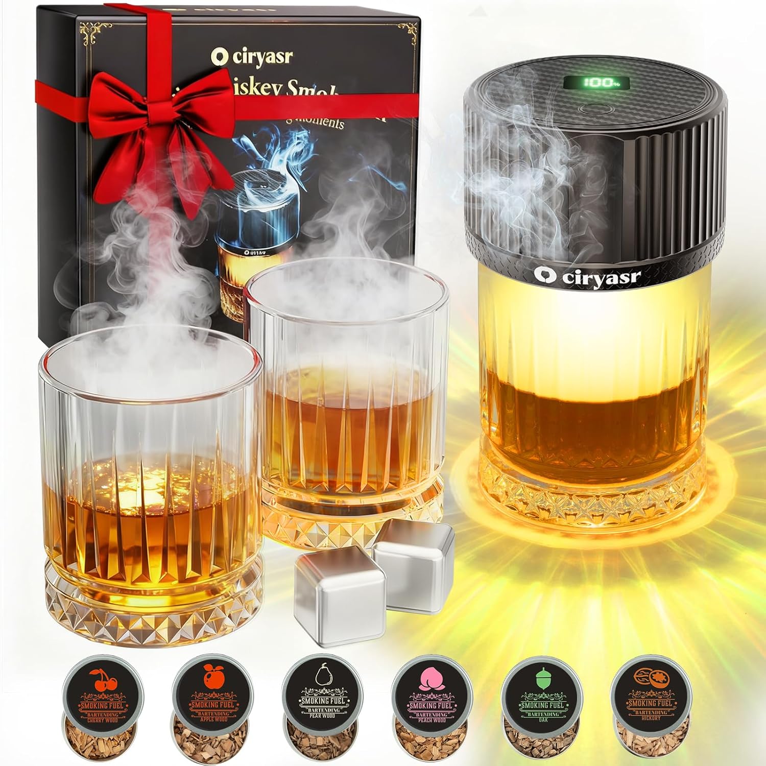 Electric Whiskey Smoker Kit with Glasses & Reusable Ice Cubes