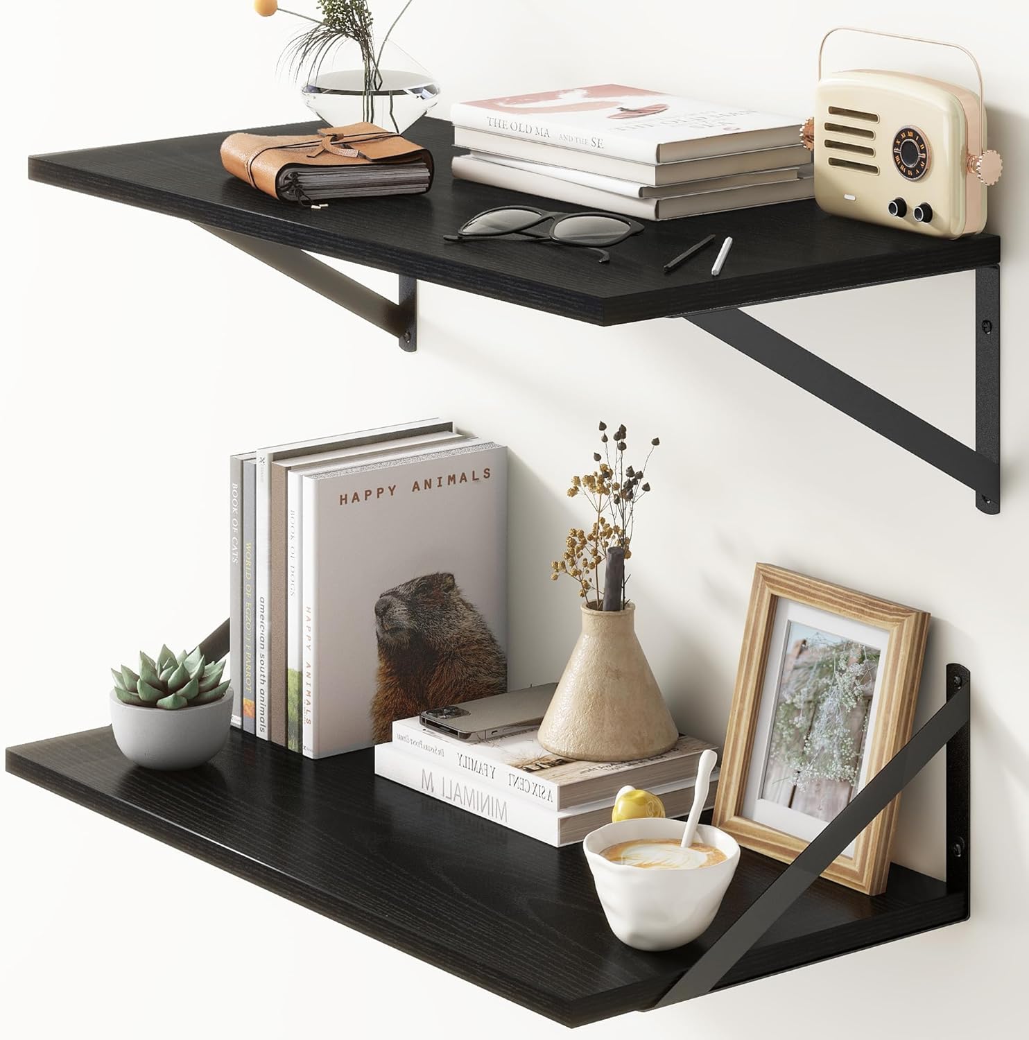 Deep Floating Shelves for Wall - Rustic Black Wooden Display