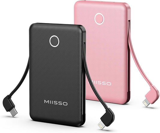 2-Pack 6000mAh Ultra Slim Power Bank with Built-in Cables