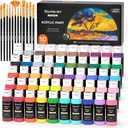 50 Color Premium Acrylic Paint Set - Rich Pigments, Waterproof