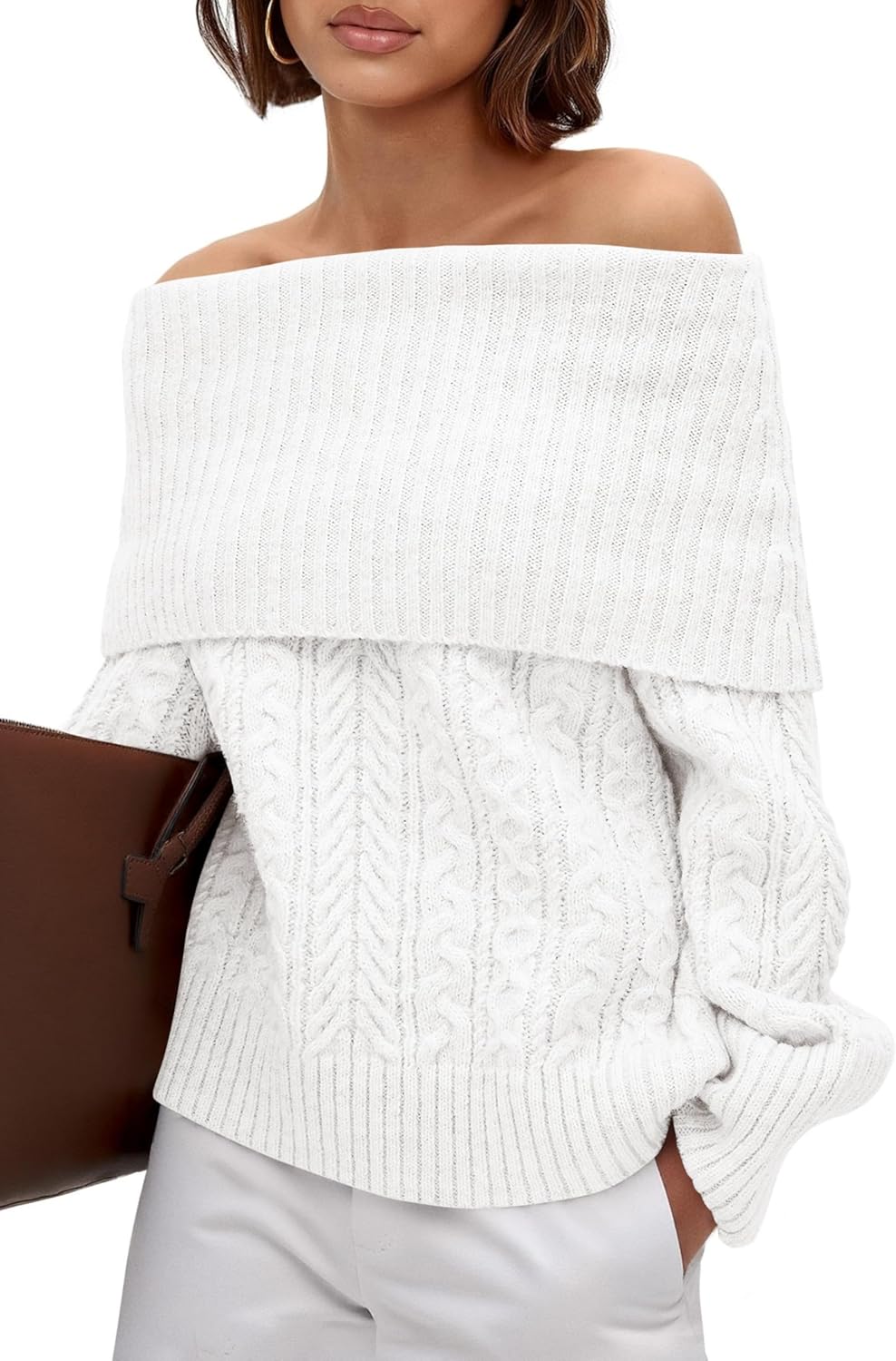MASCOMODA Womens Off The Shoulder Cable Knit Sweater for Fall