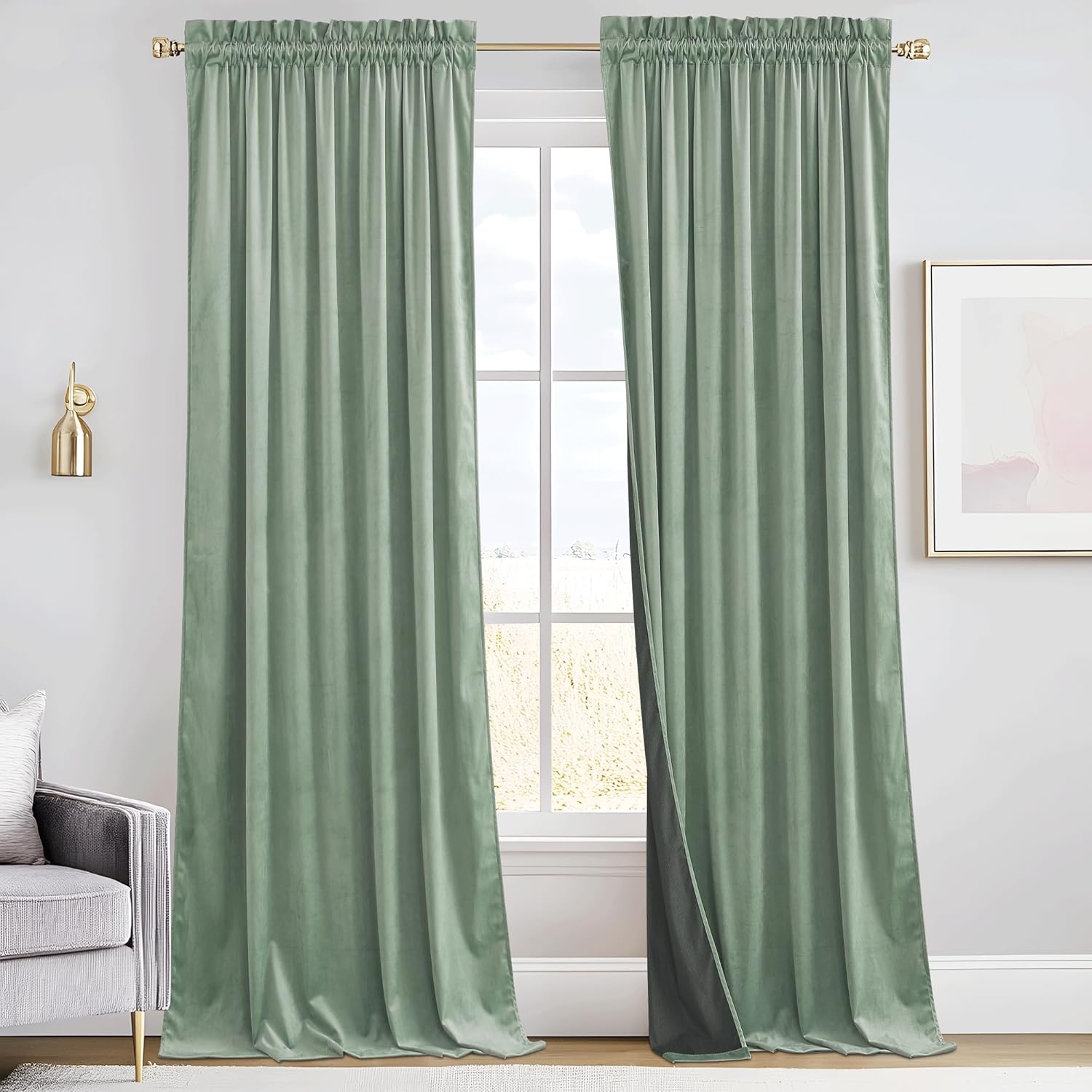 RYB HOME Mint Green Velvet Curtains for Stylish Room Decor
