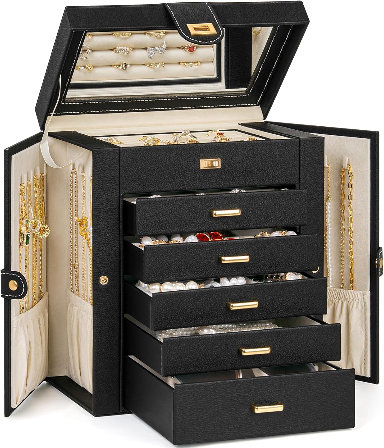 AKOZLIN 6-Tier Jewelry Box Organizer with 5 Drawers and Mirror
