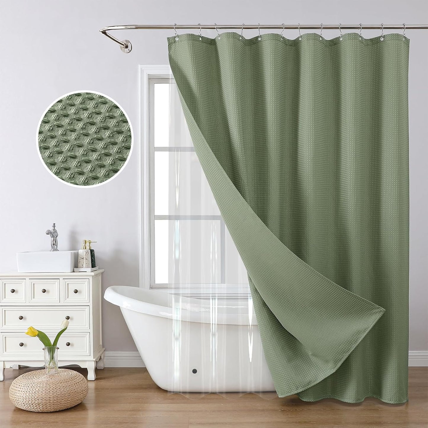 FY&XZH 3-in-1 Waffle Shower Curtain Set - Waterproof with Stainless Steel Hooks!