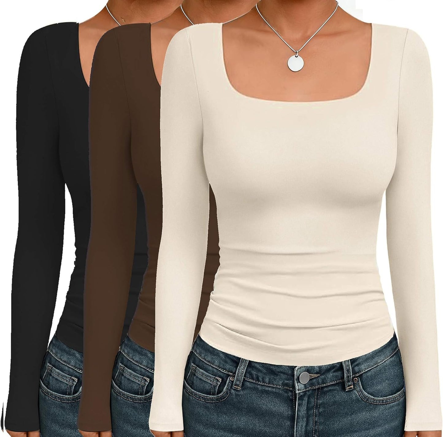 Ekouaer Womens Long Sleeve Square Neck Thermal Shirts 3 Pack