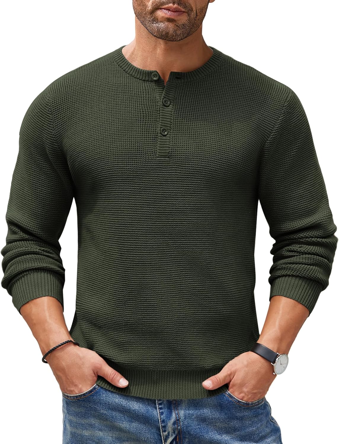COOFANDY Men's Henley Knit Sweater for Casual Elegance