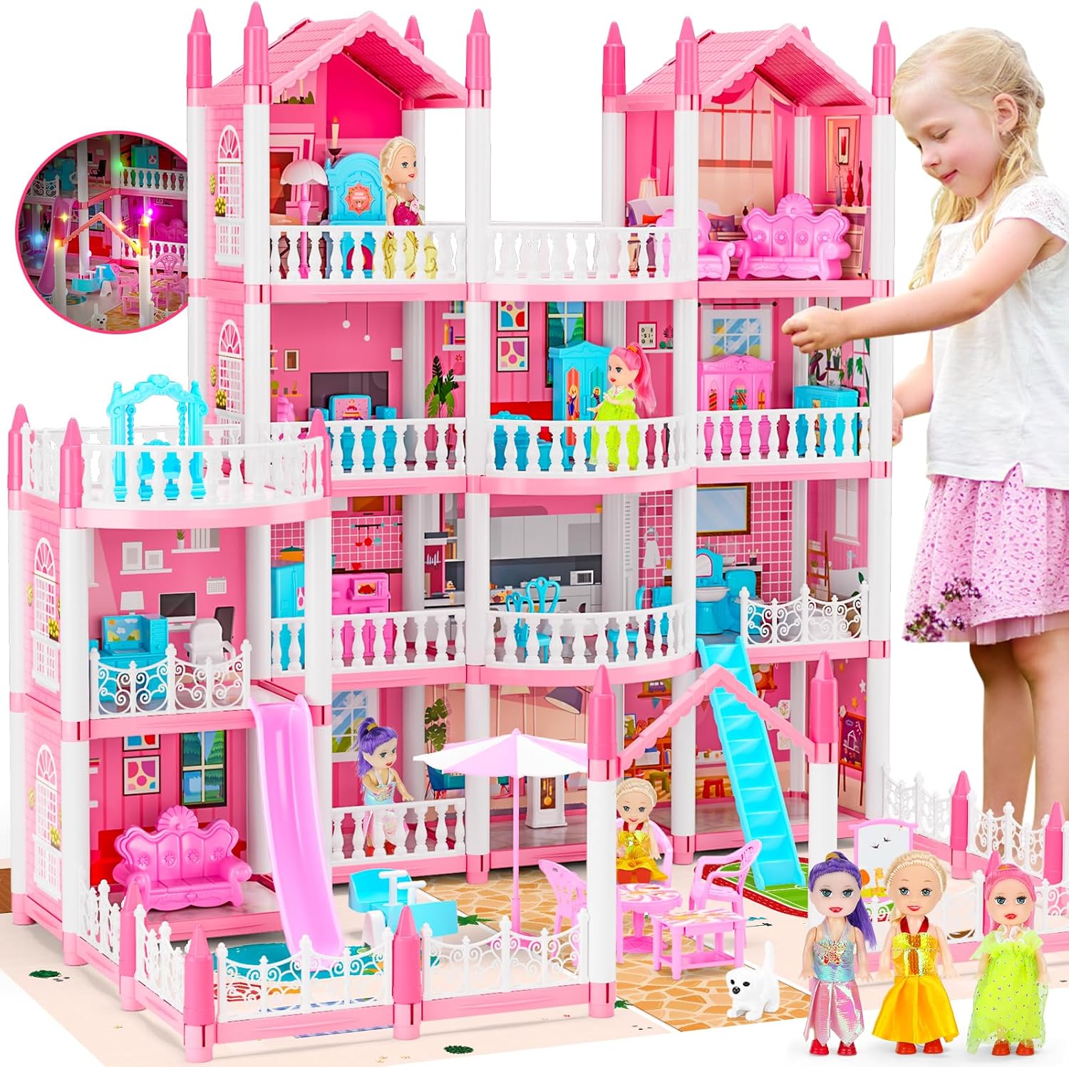 4-Story Huge Dream Doll House with Dolls and Accessories for Kids