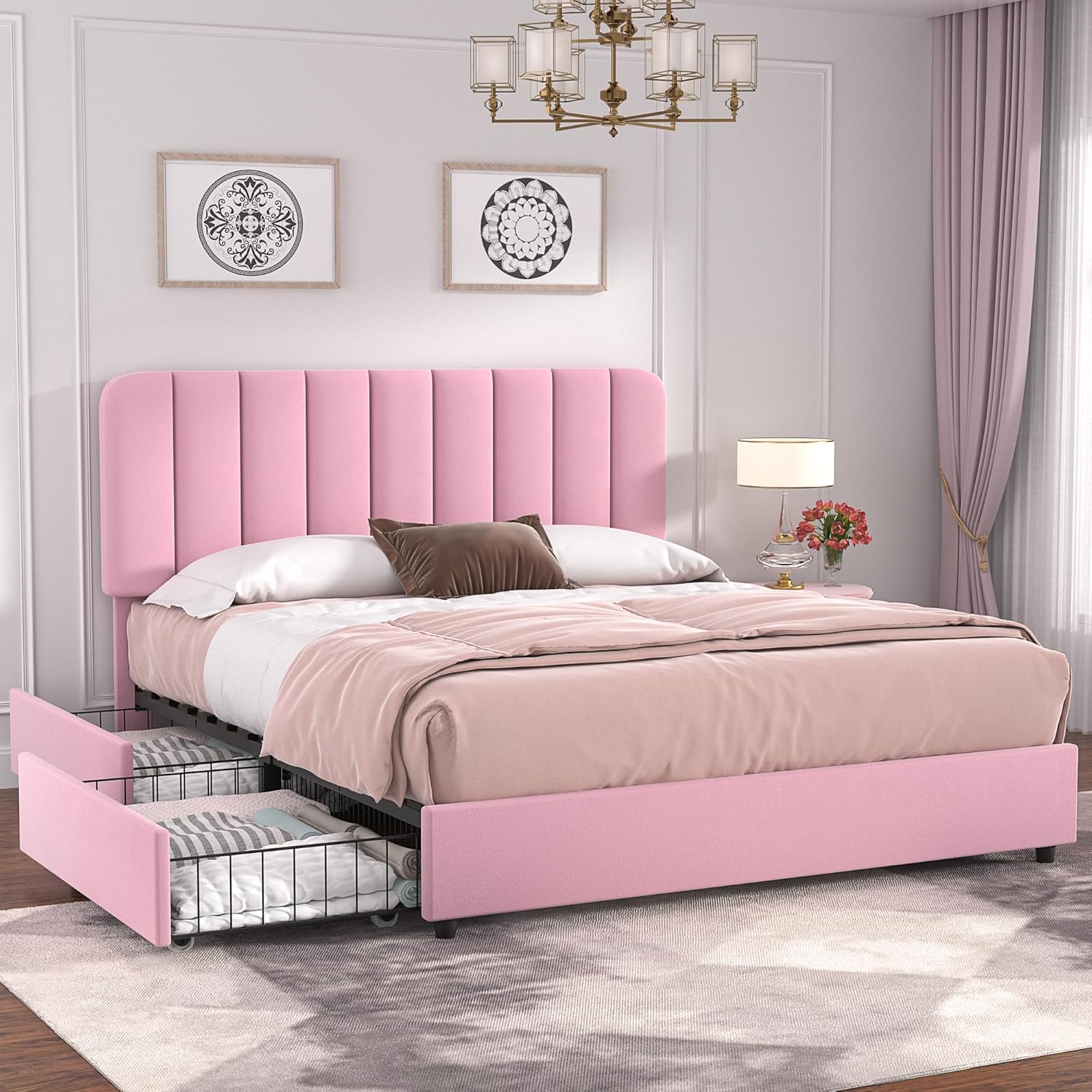VECELO Full Size Upholstered Bed Frame with 4 Storage Drawers