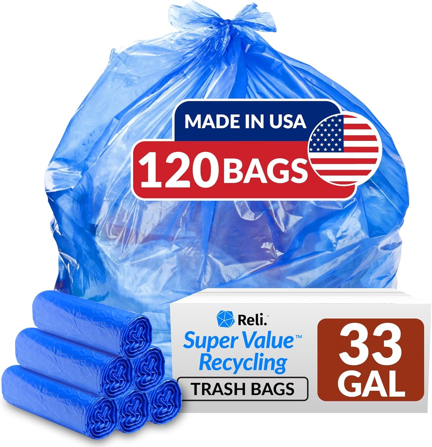33 Gallon Recycling Bags by Reli - Strong Blue Trash Bags
