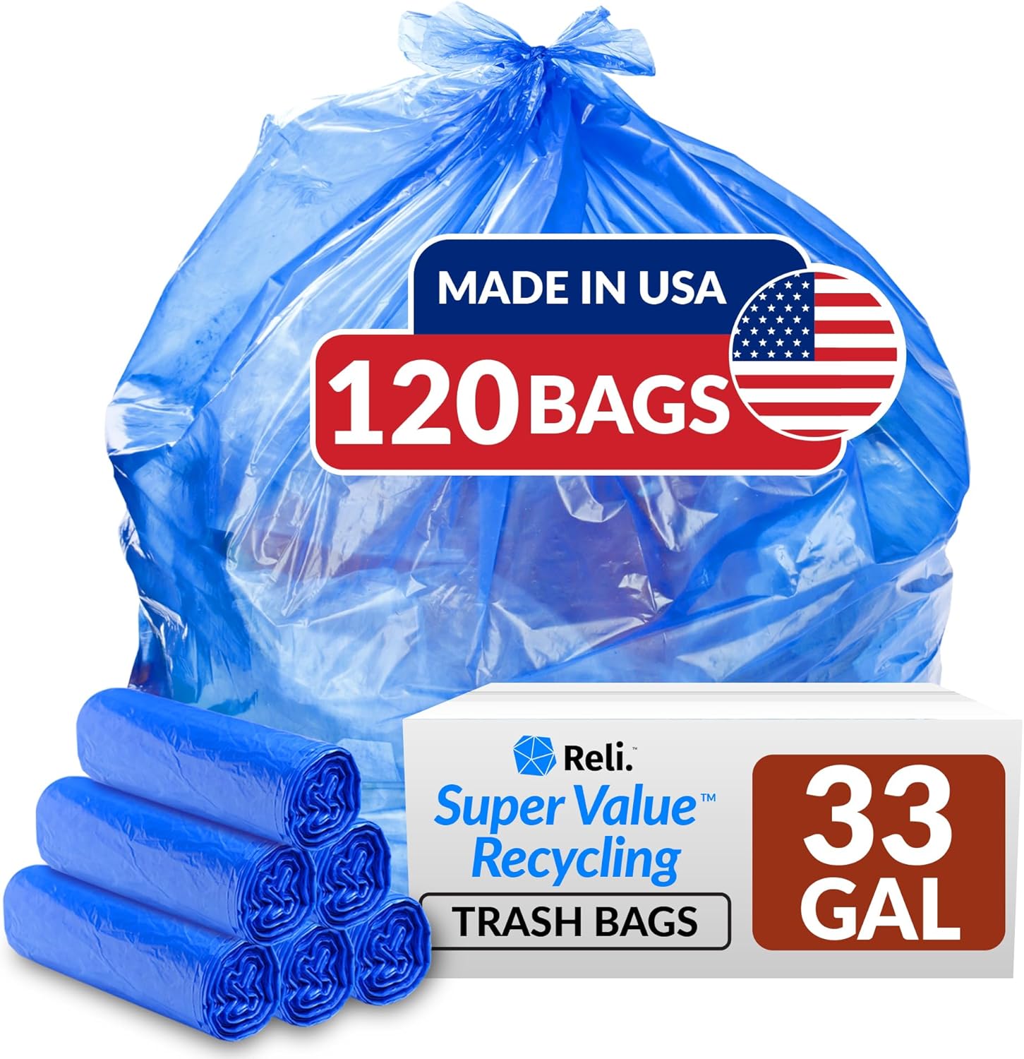 33 Gallon Recycling Bags by Reli - Strong Blue Trash Bags