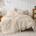 Beige Queen Seersucker Comforter Set - Lightweight Ruffle Comforter