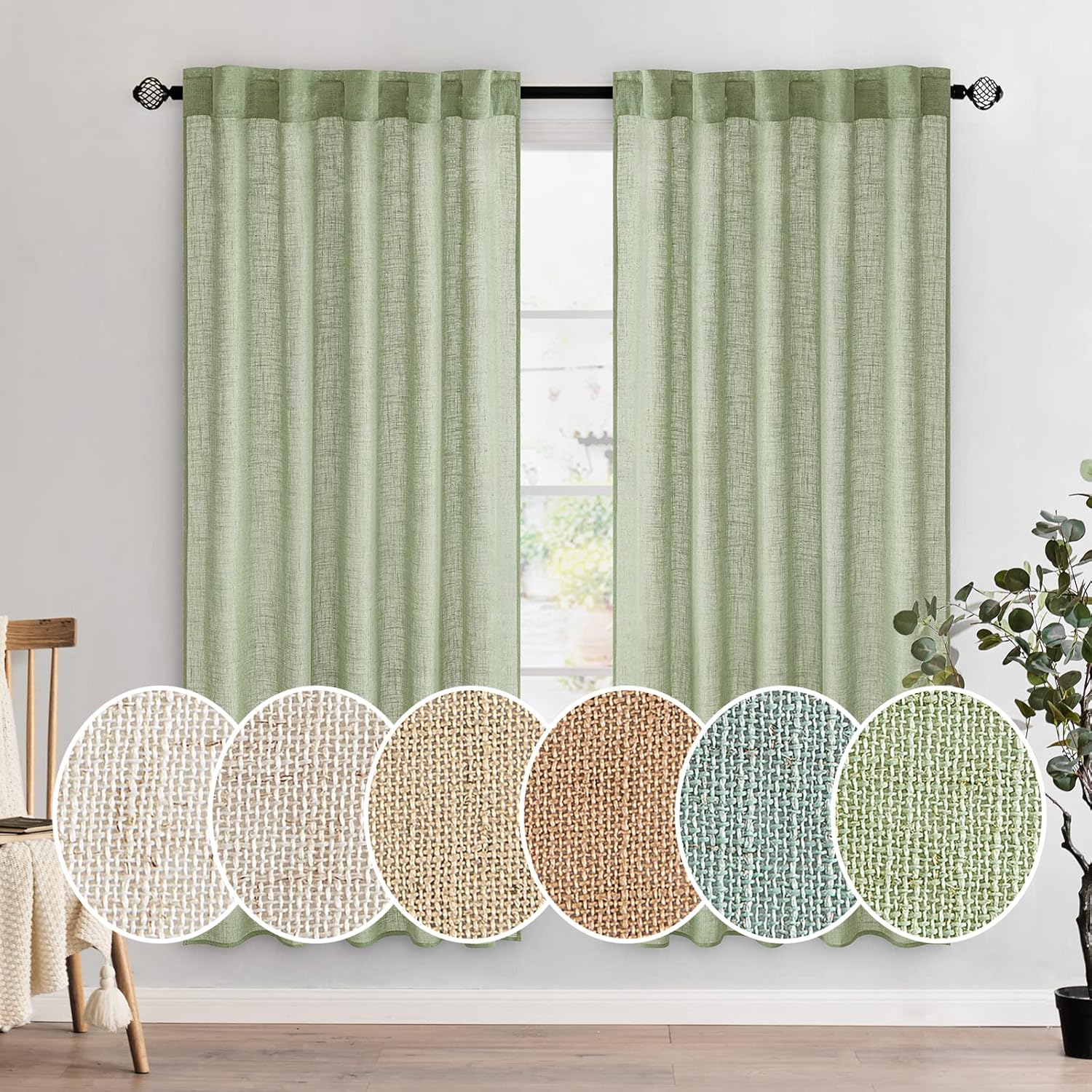 MIULEE Sage Green Linen Curtains for Bedroom and Living Room