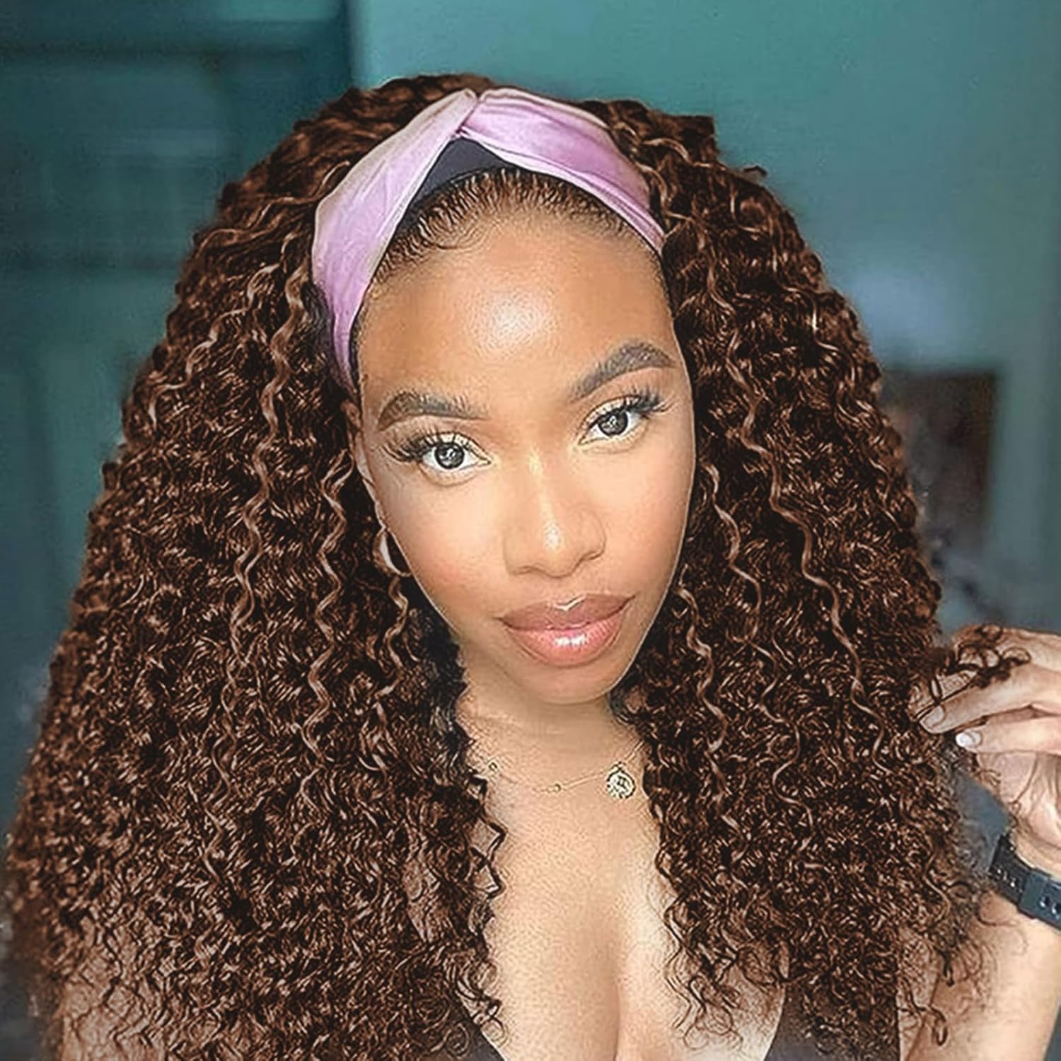 Headband Wig Human Hair Deep Wave Chocolate Brown for Women