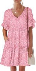 ANRABESS Summer V Neck Ruffle Sleeve Tiered Mini Dress - Casual