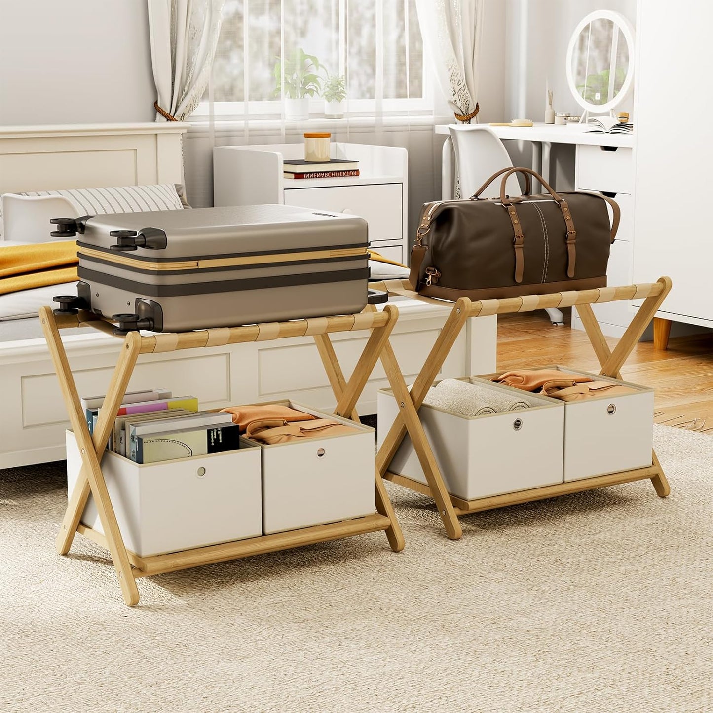 Bamboo Folding Luggage Rack with Storage Boxes for Guest Rooms
