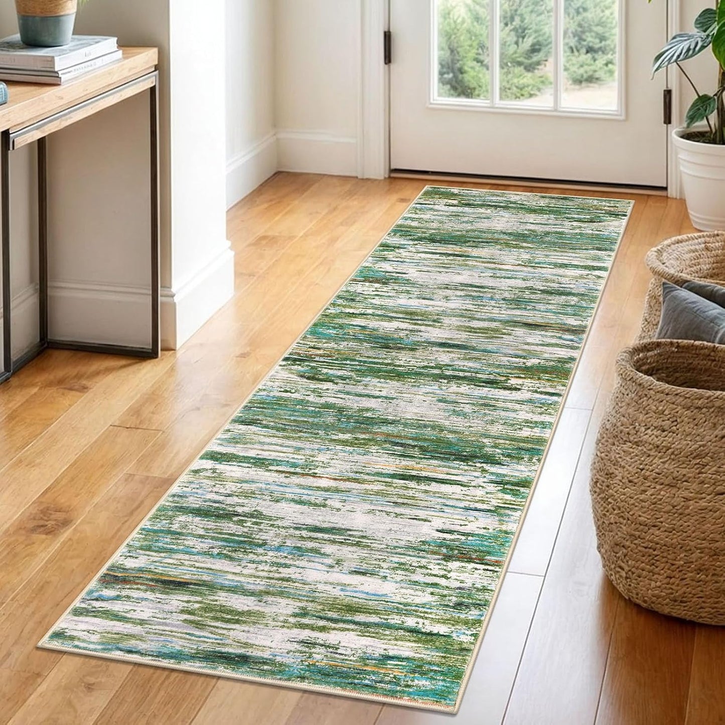 2x6 Green Grey Multi Modern Abstract Runner Rug for Hallway