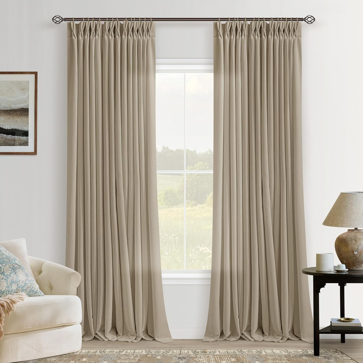 Tan Pinch Pleated Linen Curtains for Living Room and Bedroom