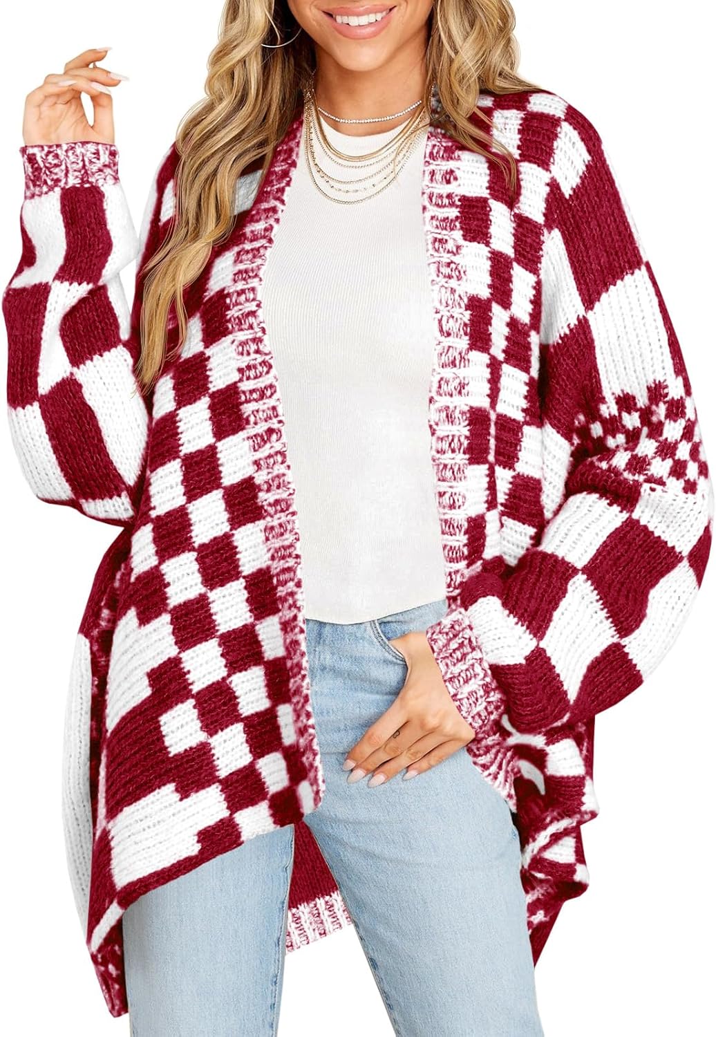 Checkered Sweater Cardigans for Women - Oversized Knit Coats