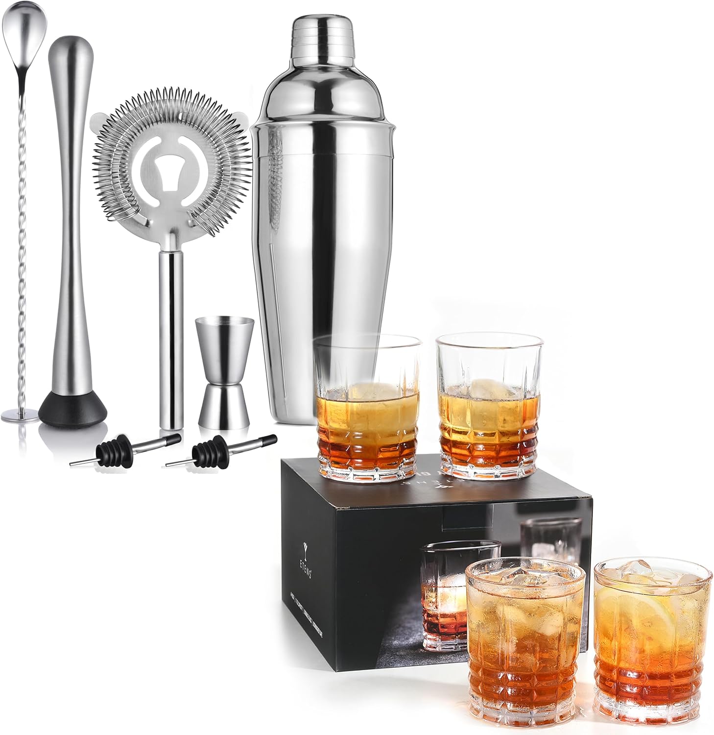 Bartender's Dream Bundle: Cocktail Shaker Set + Whiskey Glasses