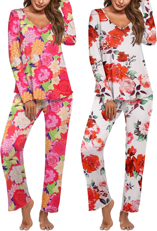 Ekouaer Womens Pajama Set Long Sleeve V Neck Soft Sleepwear