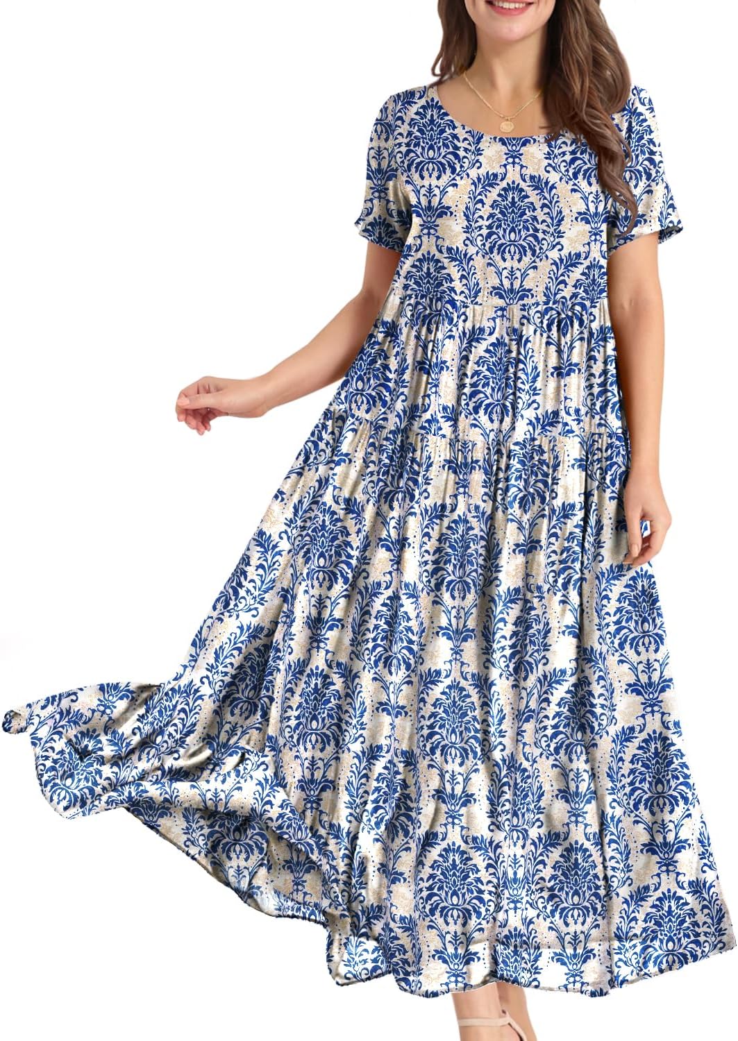 YESNO Women Casual Loose Bohemian Floral Dress with Pockets