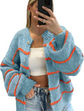 Womens Striped Knit Cardigan Sweater - Oversized Button Down