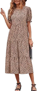 Women's Summer Boho Floral Midi Dress - Flowy High Waist Puff Sleeve