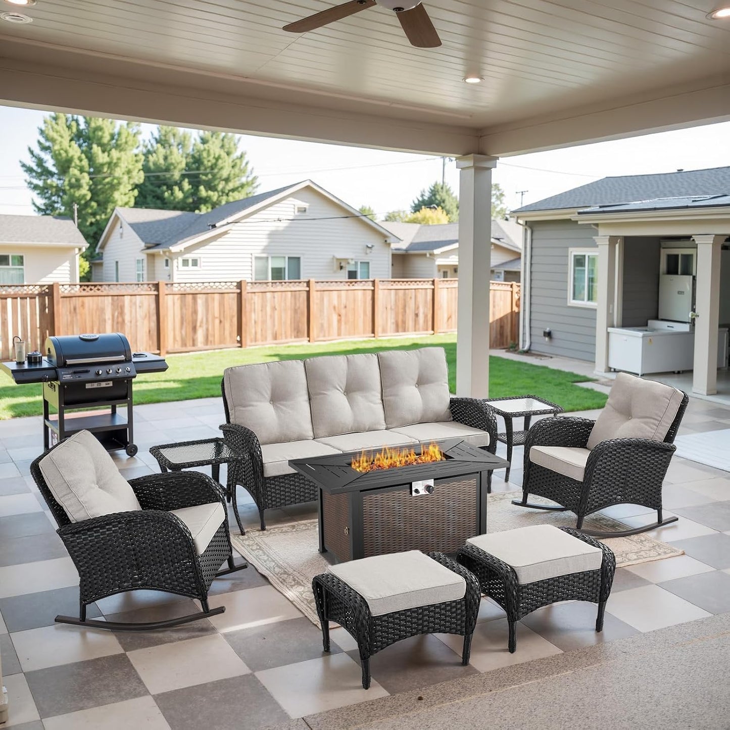 Patio Furniture Set with Fire Pit Table - 8 Piece Wicker Set