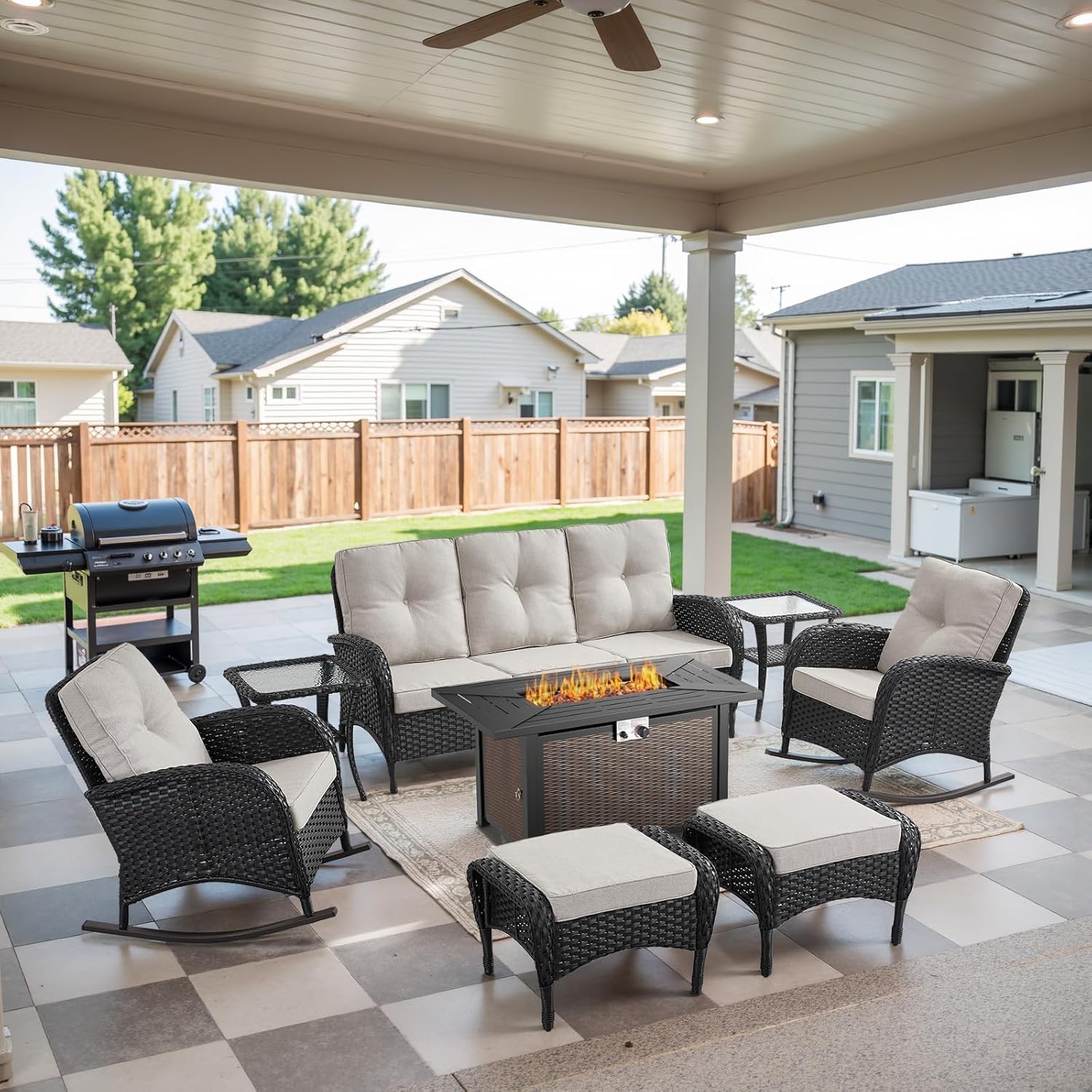 Patio Furniture Set with Fire Pit Table - 8 Piece Wicker Set