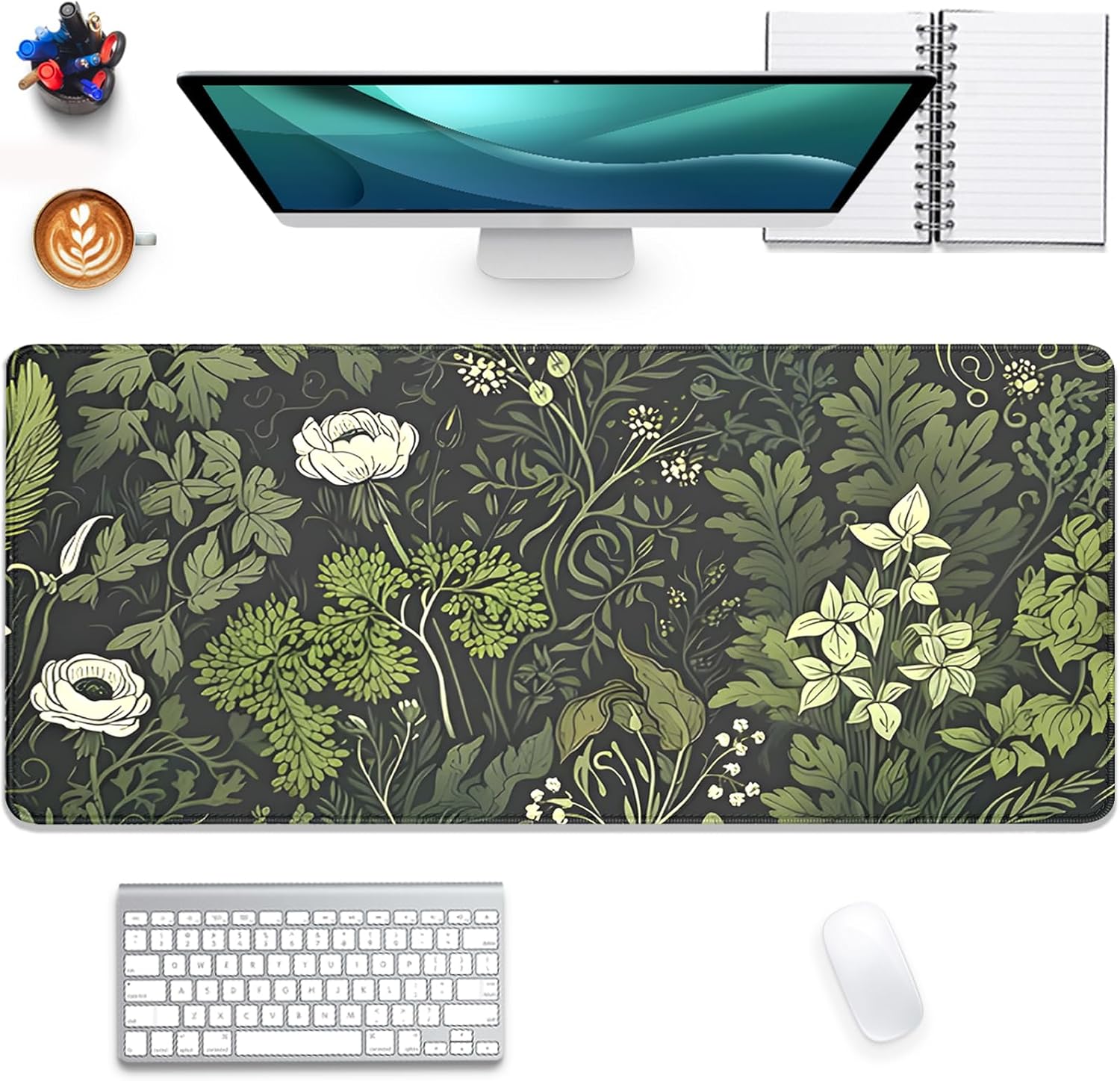 Sage Green Floral Desk Pad Mouse Mat - Large & Waterproof